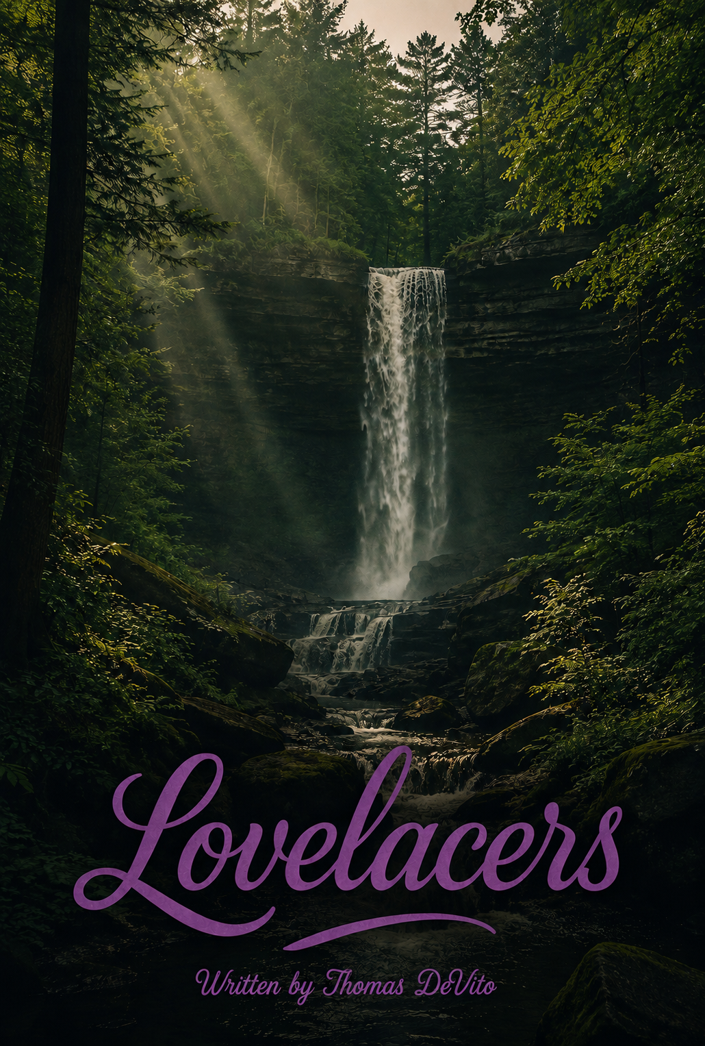 Poster for Lovelacers showing a secluded forest waterfall.